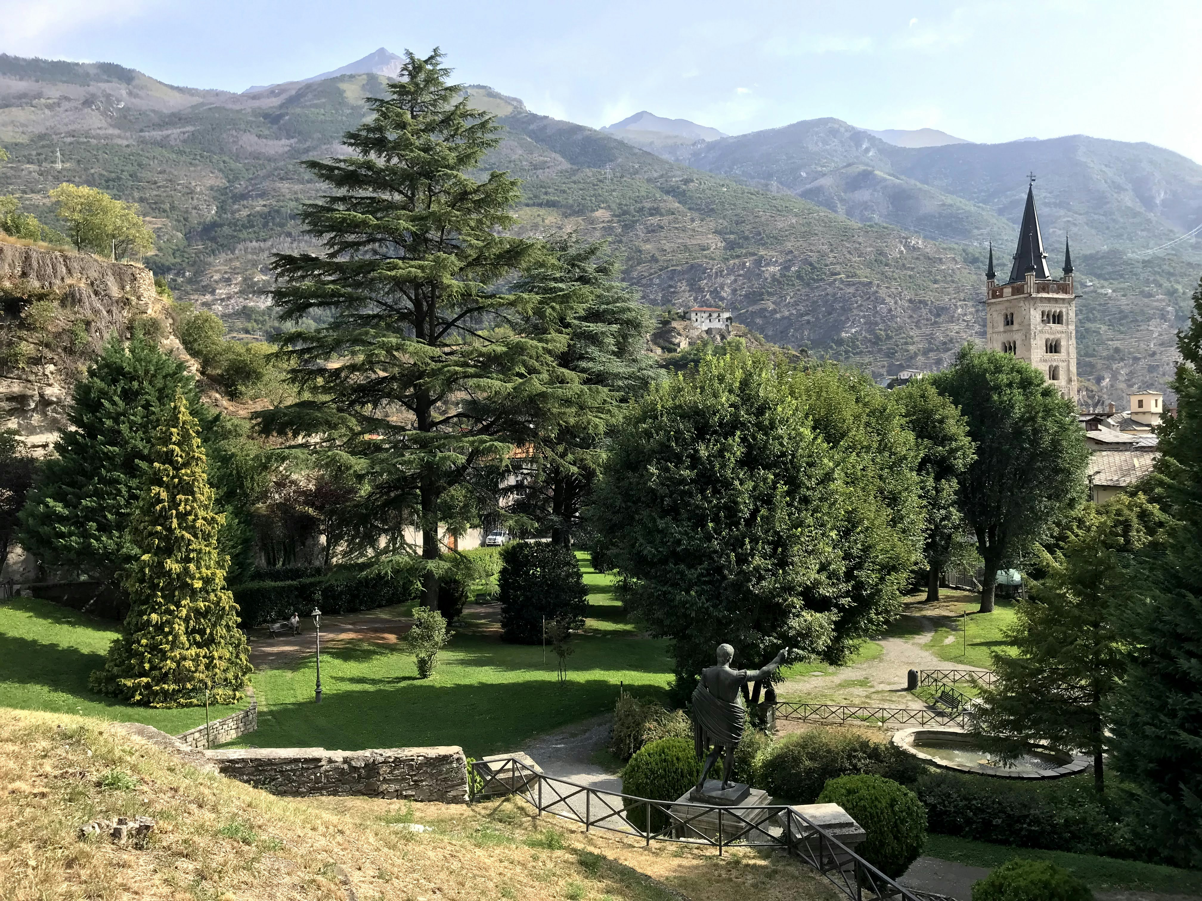 ancient roman ruins in the parc in Susa, Italy. Susa (Susa in Piedmontese; Souiza, Suèiza, Suza or Susa in Franco-Provençal, Suse in French, Segusium in Latin) is an Italian town of 5 988 inhabitants in the metropolitan city of Turin in Piedmont.<br />
<br />
For thousands of years it has been a crossroads of the various transalpine itineraries between Italy and France, and is characterized by considerable Roman and medieval monuments. It is located in the center of the homonymous valley of Susa. In ancient times it was the capital of the Reign of the Cozii, the starting point of the Via Domizia.